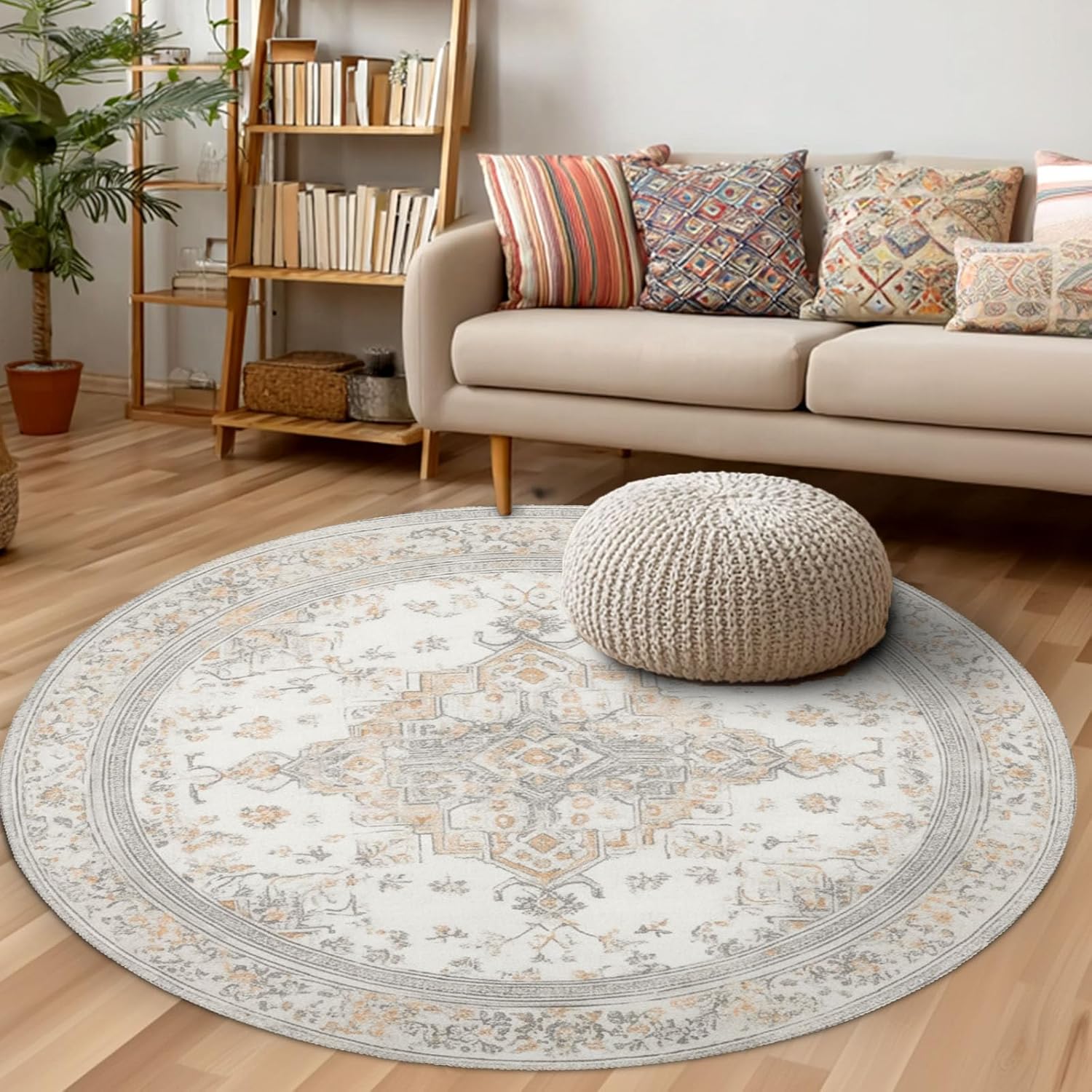Vintage Round Area Rug 5ft,Machine Washable Modern Oriental Cream Taupe Beige Round Rug Non-Slip Boho Grey Circle Rugs Low-Pile,Floor Carpet Mat for Living Room Bedroom Kitchen Dining Entryway