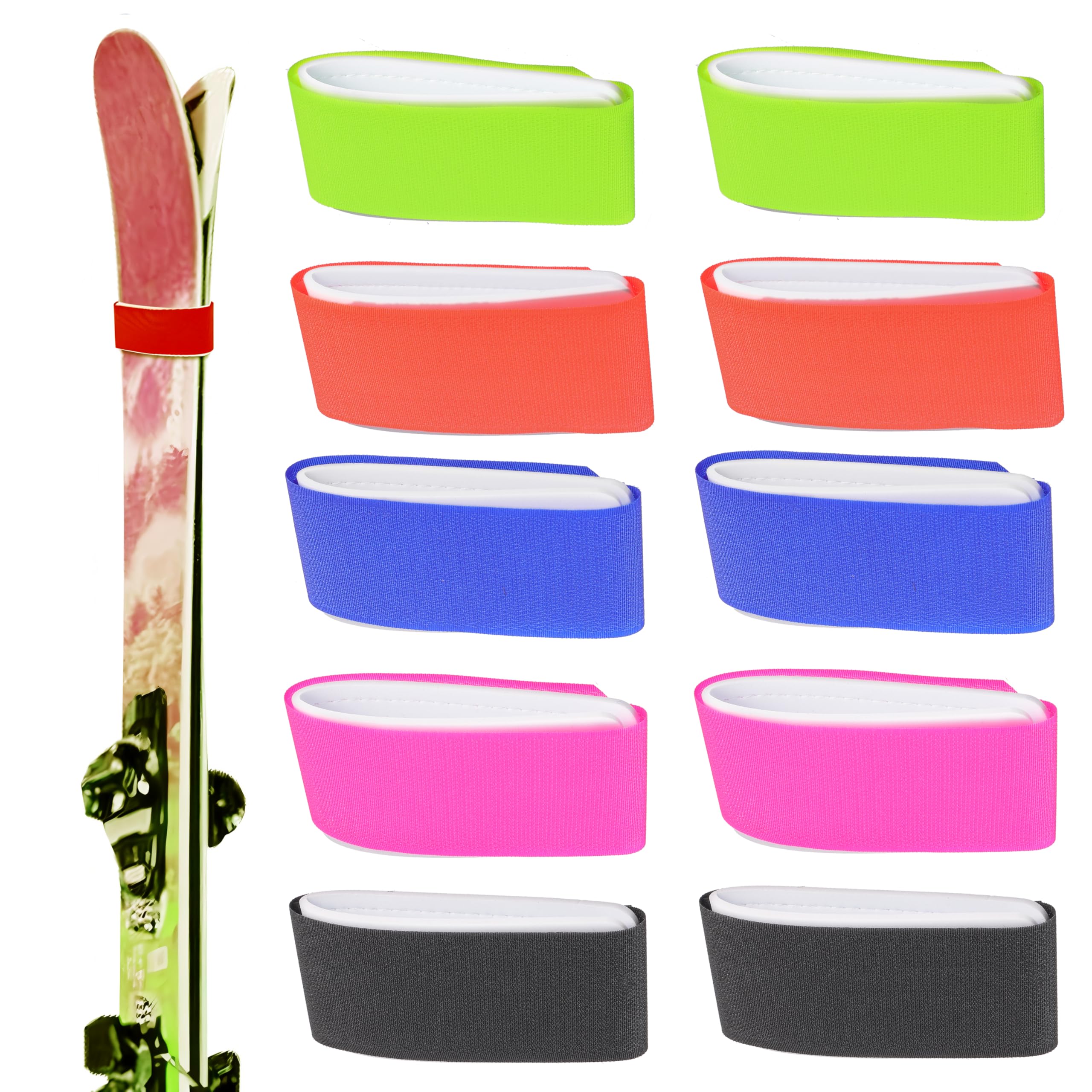 (Upgrade) 10 x Sangles de Ski Réglables Sangles de Ski EVA avec Conception de Protection pour Transporter du Matériel de Ski Hiver Noël （Bleu Rose Orange Jaune Noir）