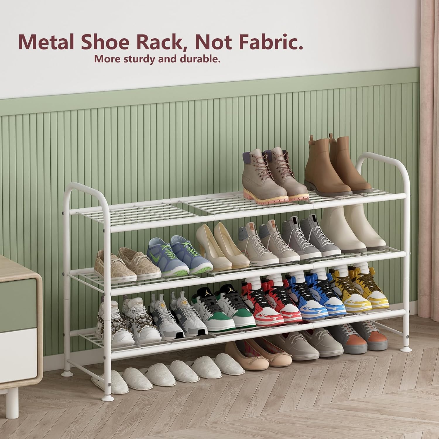 LINZINAR Shoe Rack Long 3 Tier Shoe Storage Organizer Metal Wide Shoe Shelf for Closet Entryway Bedroom 24 Paris Large Capacity, Black (White, 3-Tier)