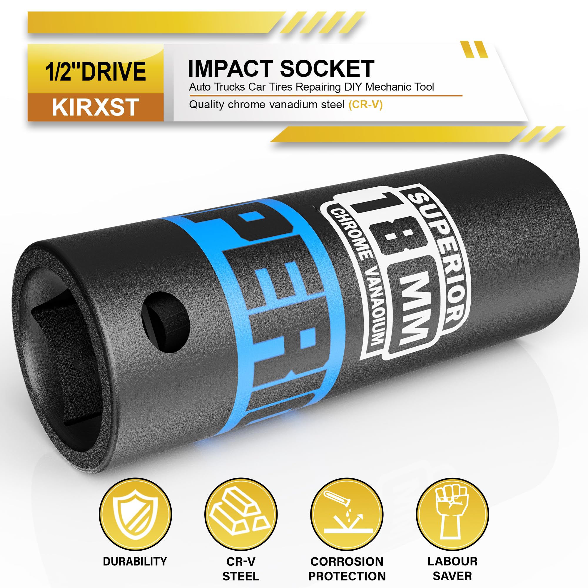 KIRXST 1/2" Drive 18mm Deep Impact Socket, 6 Point CR-V Deep Socket, 78mm Length, Auto Trucks Car Tires Repairing DIY Mechanic Tool - Image 3