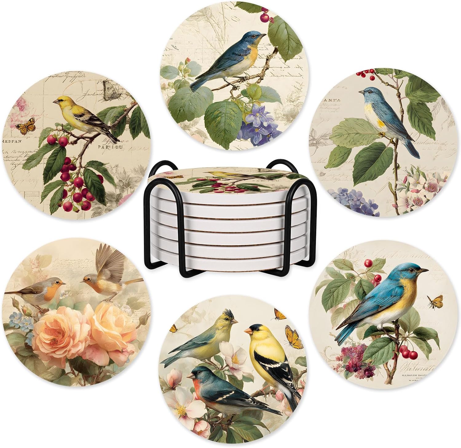 6Pcs Floral Coasters with Holder, Elegant Wildflowers Ceramic Round Absorbent Coaster Set of 6 for Drinks Coffee Table Cup Coaster Home Decor Tabletop Protection