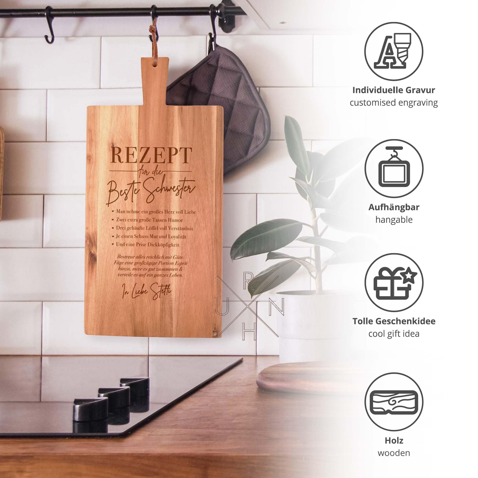 Schneidebrett mit Gravur, Rezept für die beste Schwester, Personalisiertes Küchenbrett, Geschenke für Schwester, Frühstücksbrett, Frühstücksbrettchen, Holz Schneidebretter, Holzbrett mit Griff