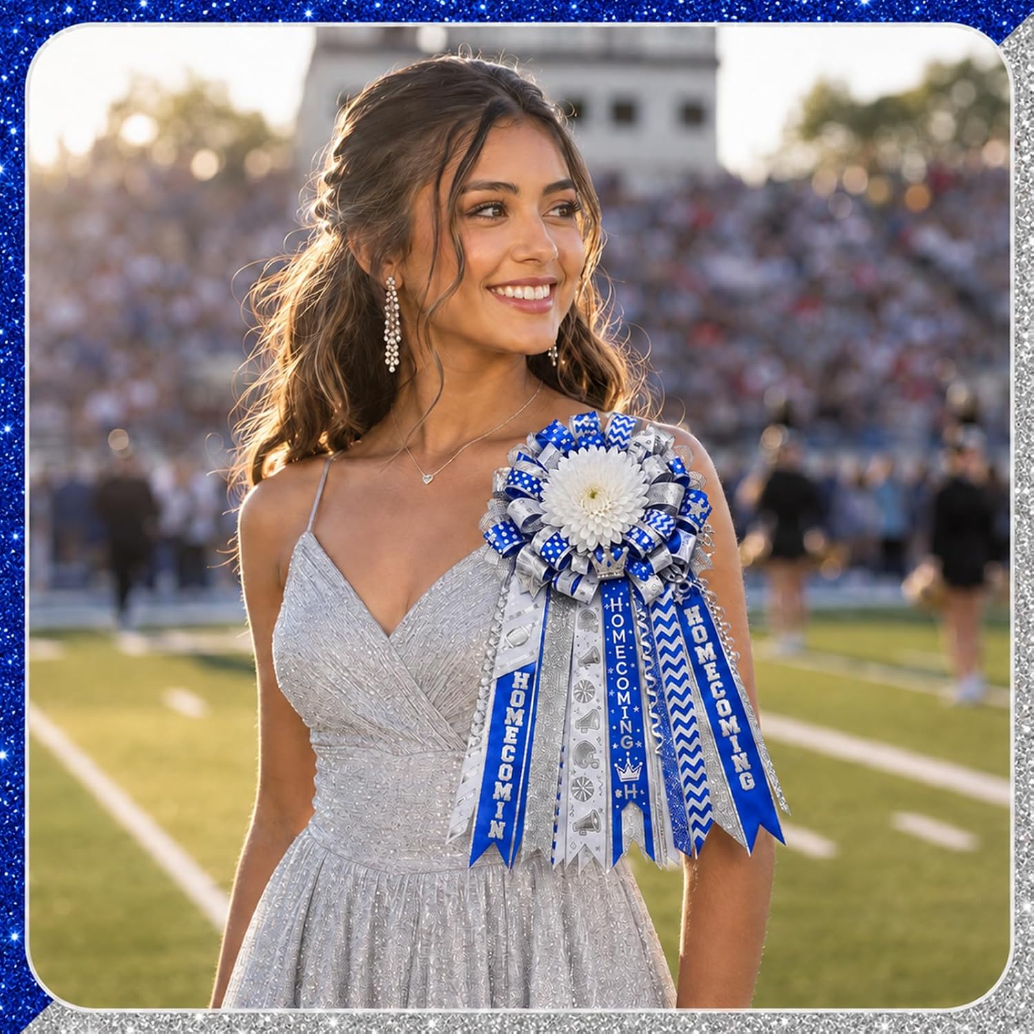 60 Yard Blue Silver Homecoming Ribbon Set 7/8 Inch x 10 Yards Football Cheer Crown Polka Dot Printed Ribbon for DIY Homecoming Mum Crafts School Spirit Decorations