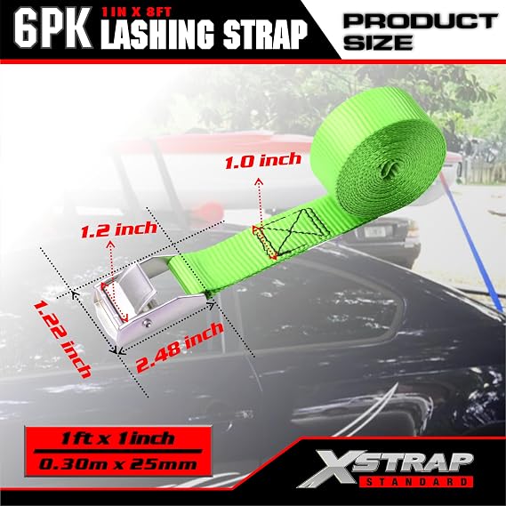 XSTRAP STANDARD Cam Buckle Straps 6PK 8FT Powersports Tie-Downs 1-Inch Green Lashing Straps with Carry Bag, Best for Securing Cargo, Luggage, Kayak