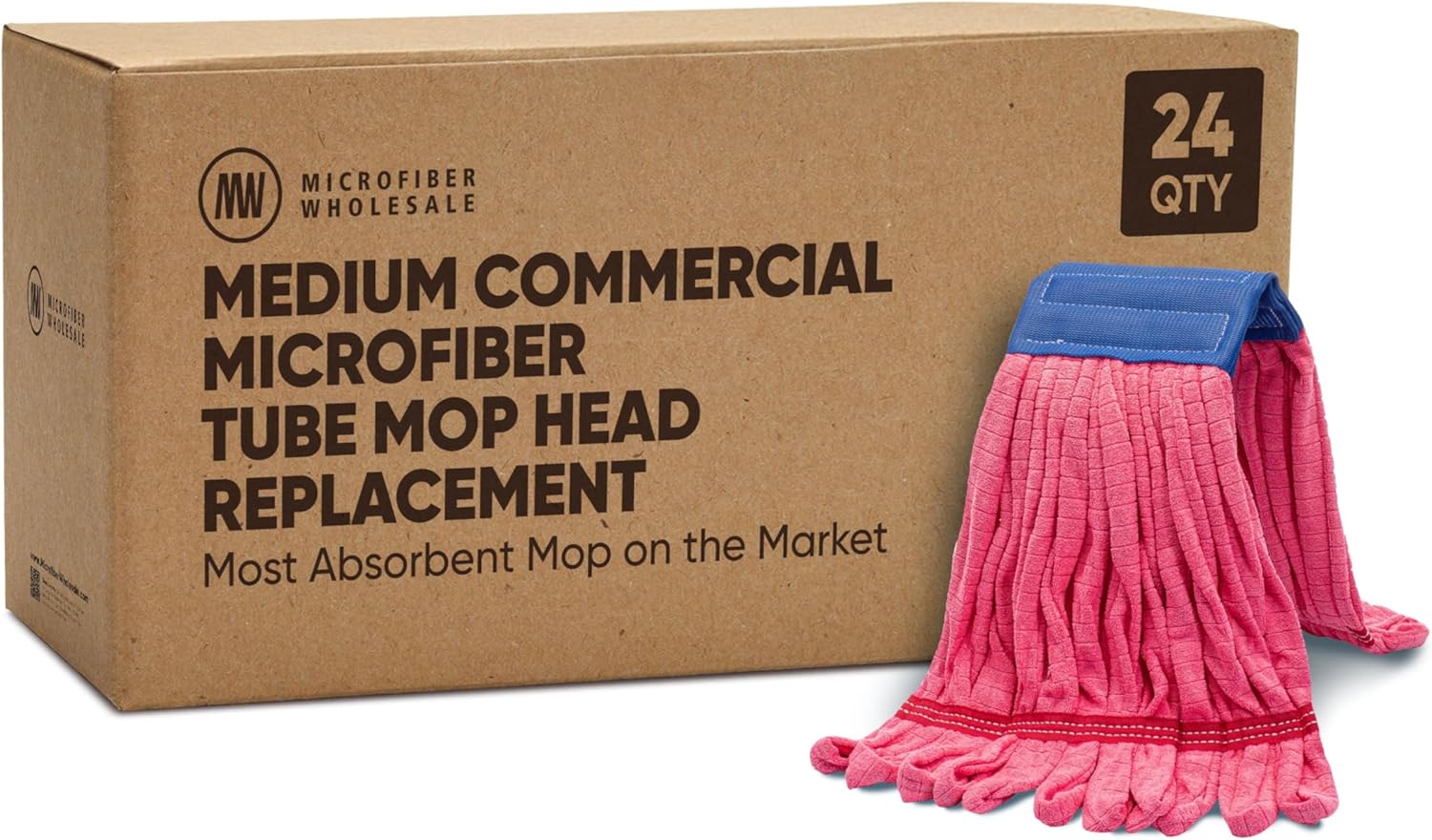 Bulk Commercial Mop Head Replacement (24 Count) - Medium Microfiber Tube Mop (14 oz.) | Industrial Wet Mops | Refill, Machine Washable, Heavy Duty | Hardwood, Tile, Laminate, Vinyl Floors (Red)