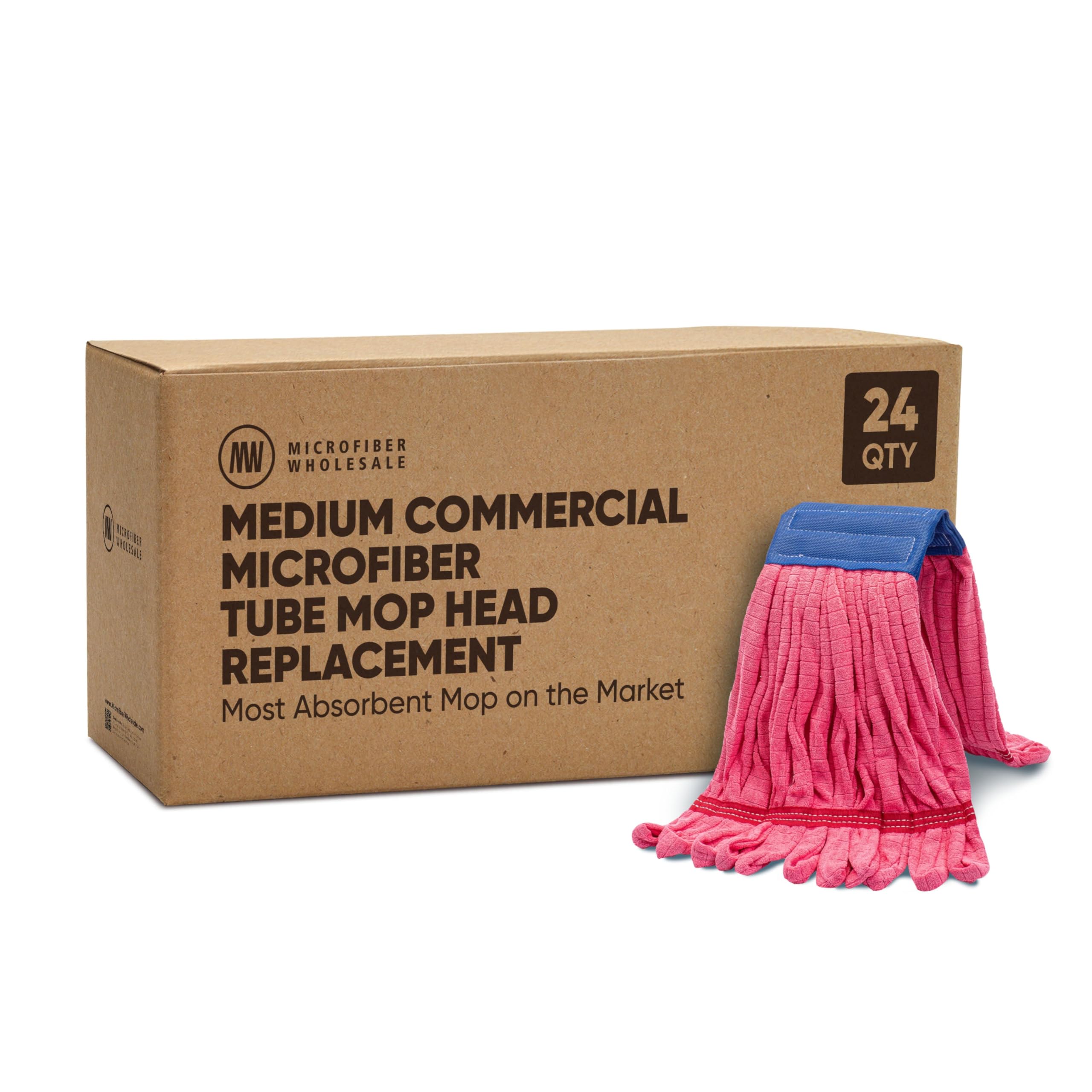 Bulk Commercial Mop Head Replacement (24 Count) - Medium Microfiber Tube Mop (14 oz.) | Industrial Wet Mops | Refill, Machine Washable, Heavy Duty | Hardwood, Tile, Laminate, Vinyl Floors (Red)