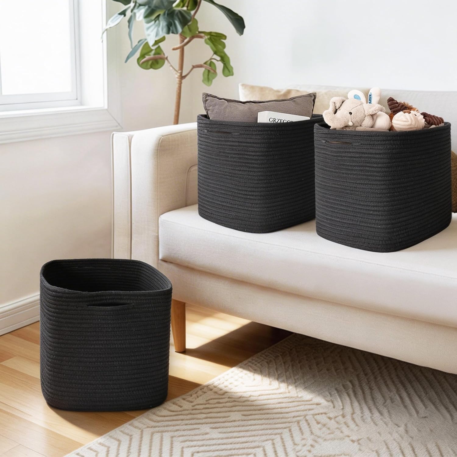 11x11x11 Cube Storage Bin - 3 Pack Woven Storage Cubes Organizer, 11 Inch Black Cotton Rope Baskets for Organizing, Square Baskets for Shelves, Nursery Closet Bins, Cubby Toy Box Organizer