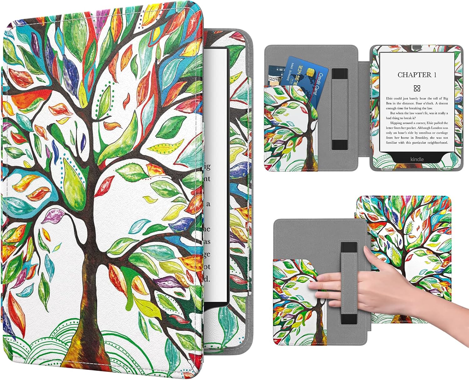 Dadanism Case Fit New 6.8" Kindle Paperwhite and Signature Edition 11th Gen 2021, Light Cover Case with Hand Strap Auto Wake/Sleep for Kindle Paperwhite 2021 E-Reader, Lucky Tree