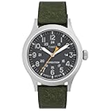 Men's Expedition Scout 40mm Watch – Silver-Tone Case Black Dial with Green Leather Strap