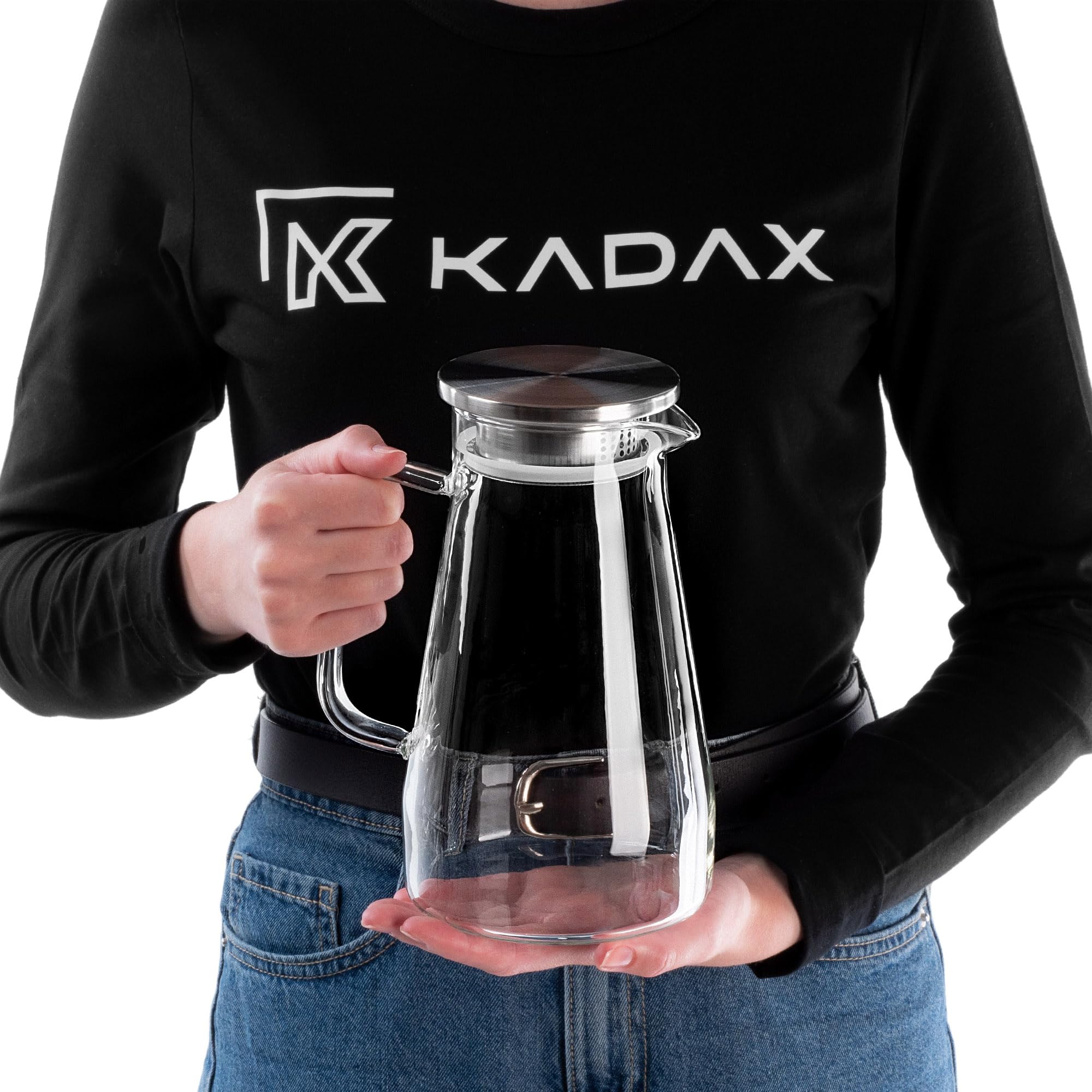 KADAX Carafe en verre de 1,5 l, carafe à eau avec tamis et couvercle en acier inoxydable, carafe en verre, carafe en verre borosilicate, carafe en verre borosilicate, verseuse en verre