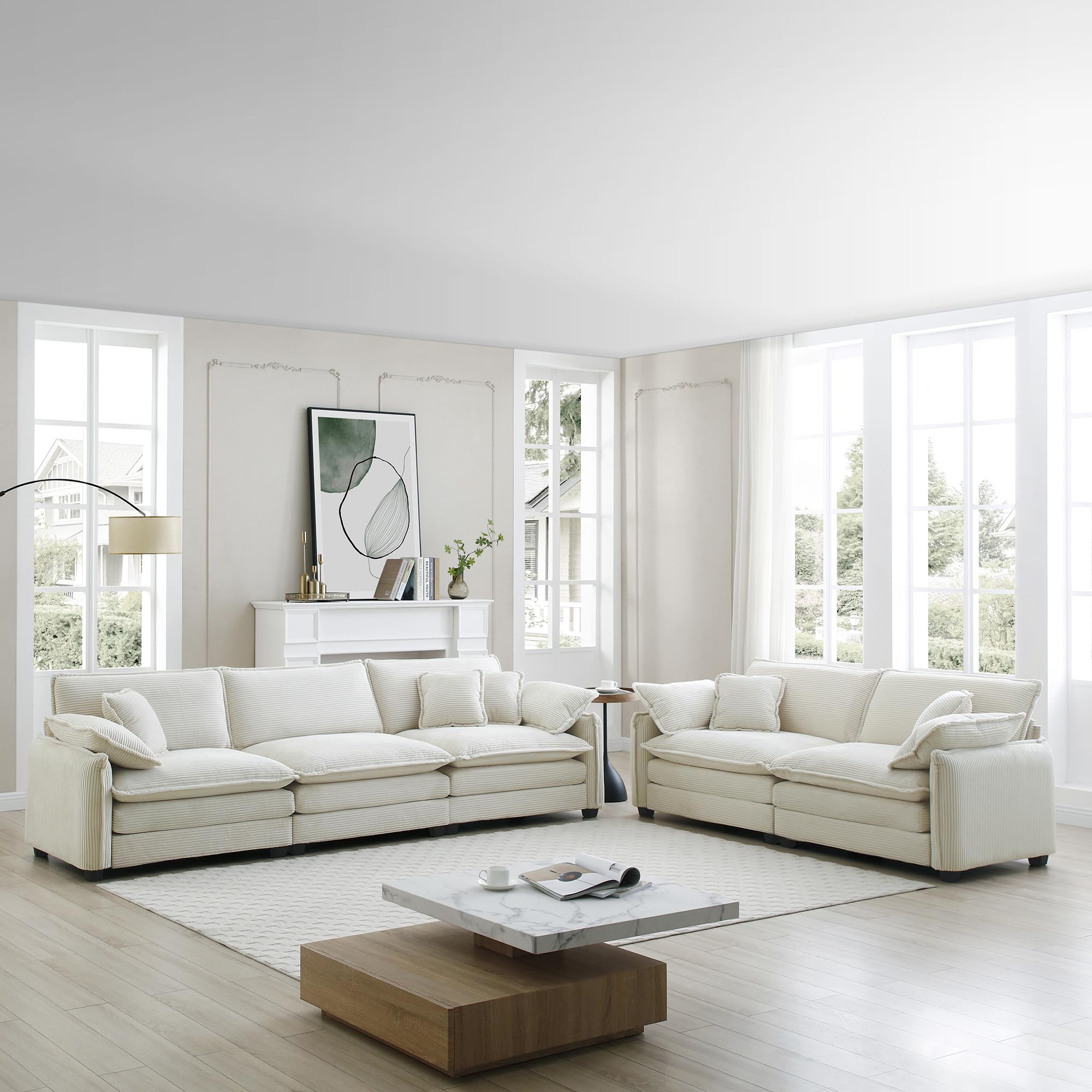 Aoowow 2 Pieces Modular Sectional Sofa Set with Loveseat Couch and 3-Seater Sofa,Modern Corduroy Comfy Cloud Deep Seat Couches Set with Throw Pillows