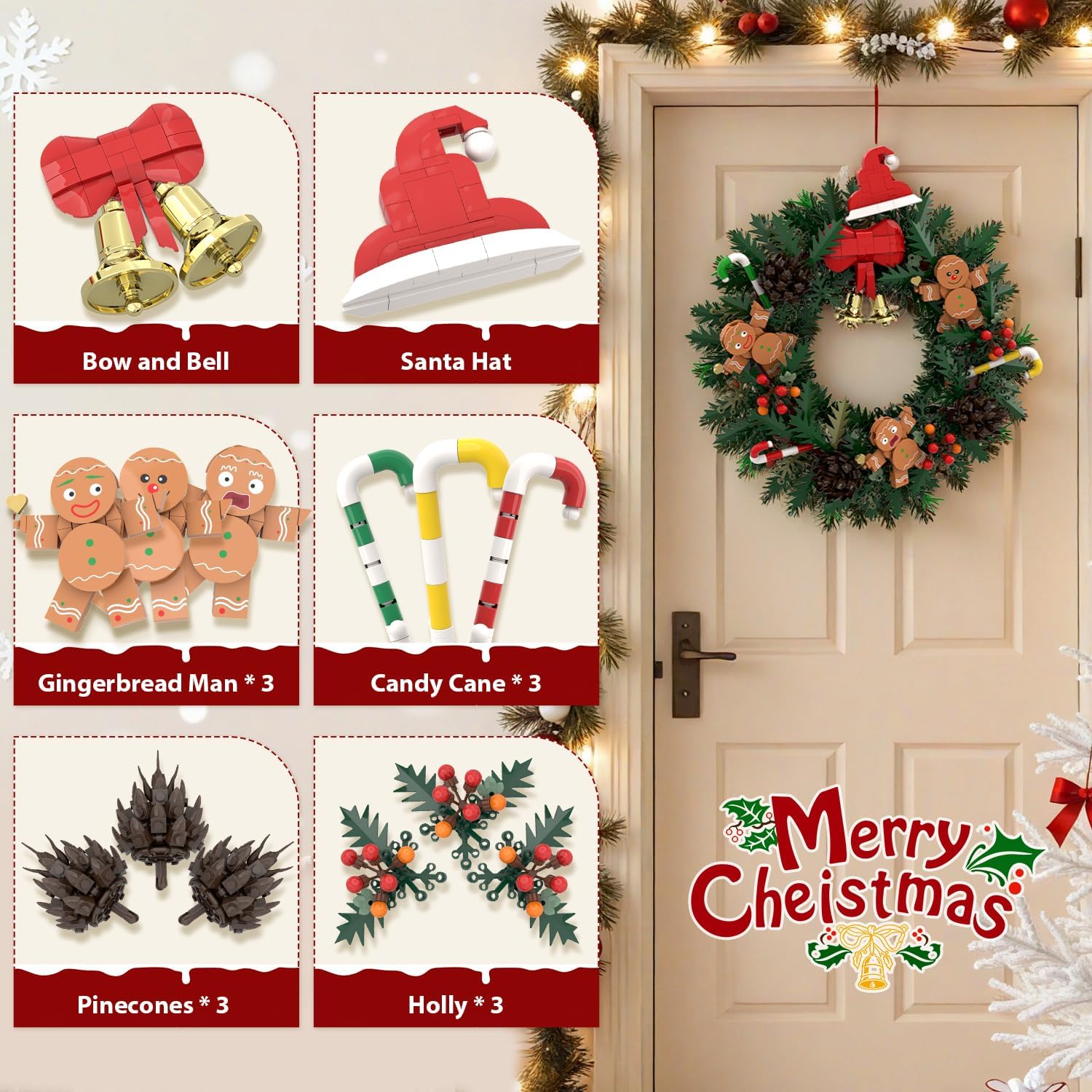 Christmas Wreath Building Set, 1159 PCS Wreath Building Toys with Gingerbread Men, Xmas Decorations for Front Door, Dinner Table or Mantel - Compatible with Lego Christmas Wreath Sets