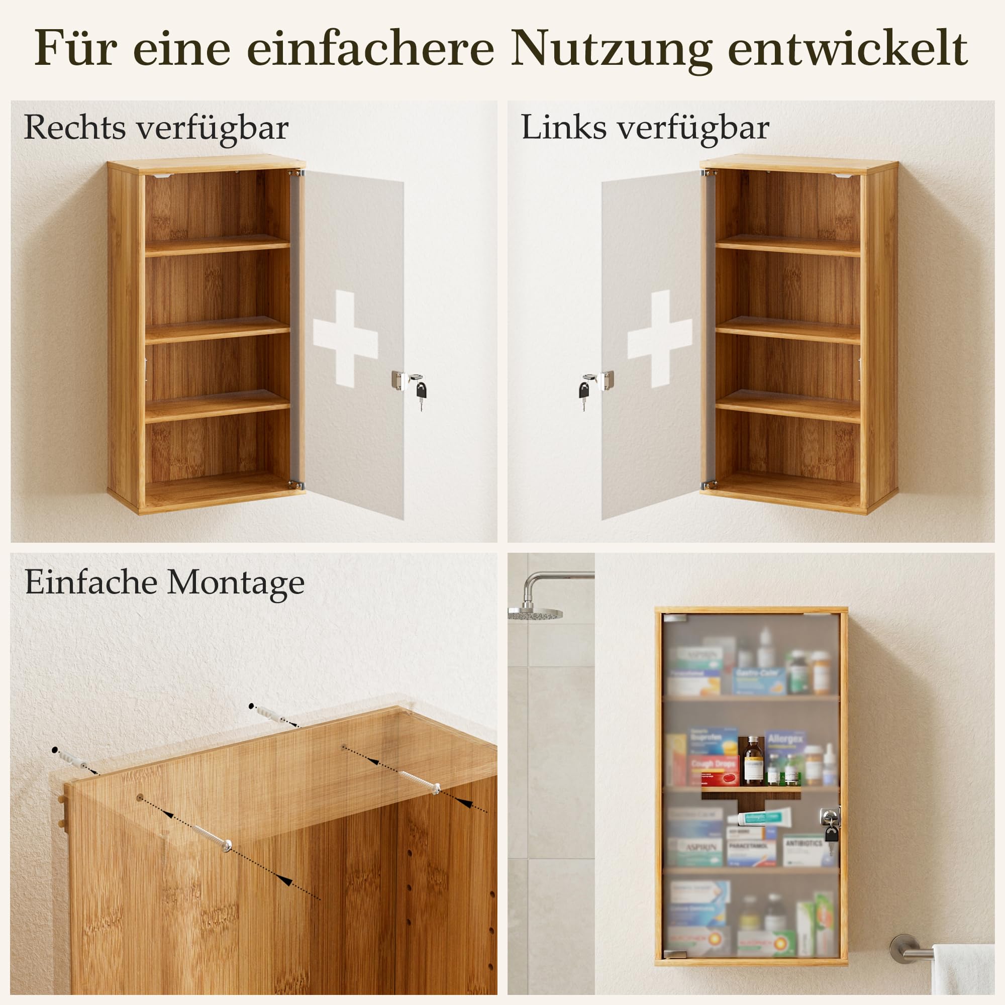 HEYZOEY Armoire à pharmacie en bambou verrouillable à fixer au mur avec 4 compartiments, pharmacie domestique pour salle de bain, 65 x 35 x 18 cm, grande armoire à pharmacie pour un usage domestique