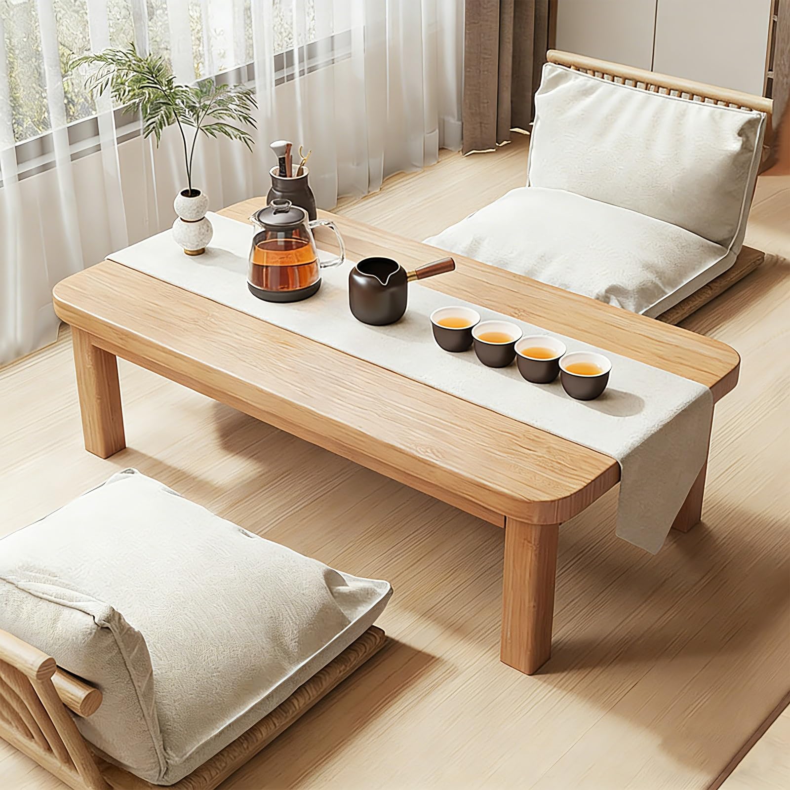 Table de sol japonaise en bambou pour coin méditation et baie vitrée zen
