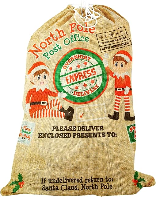 Ari & Deb Large Christmas Sack with Drawstring. Giant Jute Sack. Santa Sack Stocking Father Xmas Gift Present Bag for Xmas Present Toys Huge Gifts Storage Bags  Elf Design