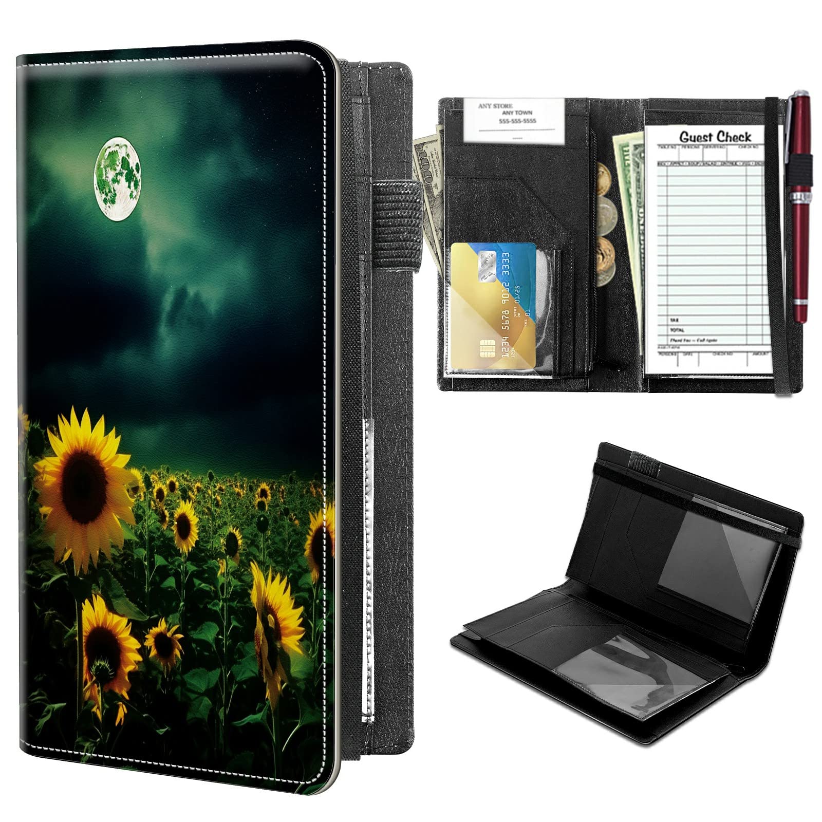 High Volume Server Books, Moon Sunflower Field Server Book w/ 2 Expandable Pockets 9 x 5 Cute Waitress Book Zipper Pocket & Strap Closure Waitstaff Organizer Server Booklet Waiter Money Wallet