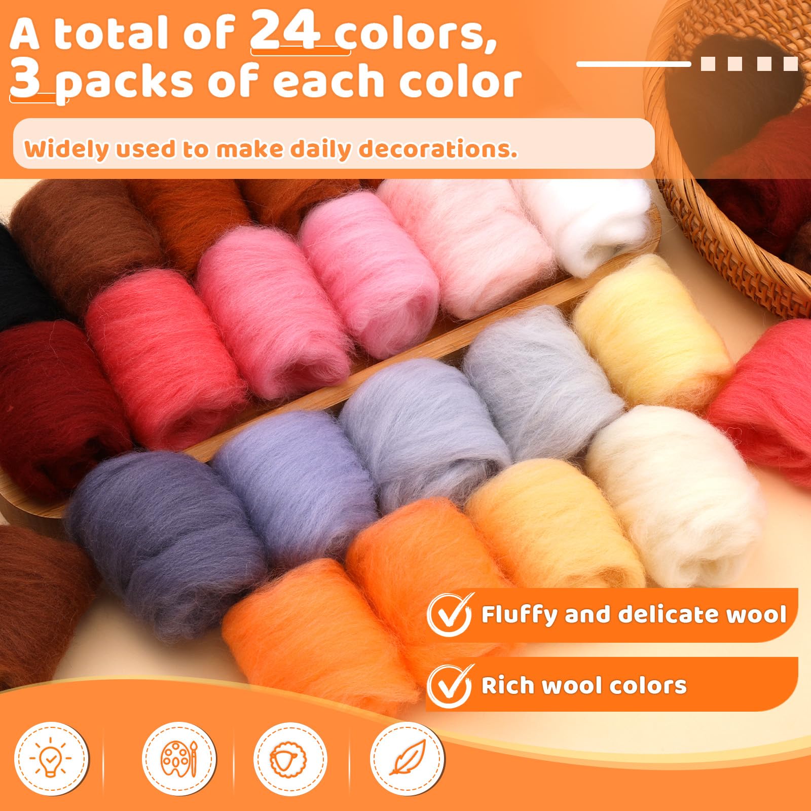 Doxiru 72 Pcs 7.6 oz Needle Felting Wool, 24 Colors Wool Roving Yarn, Needle Felting Supplies for Beginners DIY Felt Crafts 3 g/Pack - Image 2