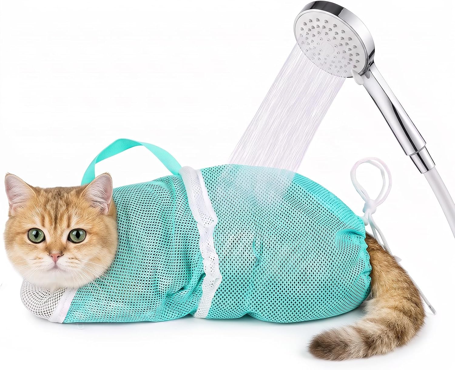 Green Cat Bathing Bag, Breathable Mesh Anti Bite Anti Scratch Cat Shower Bag Adjustable Restraint Cat Washing Bag for Bath Nail Trimming Grooming