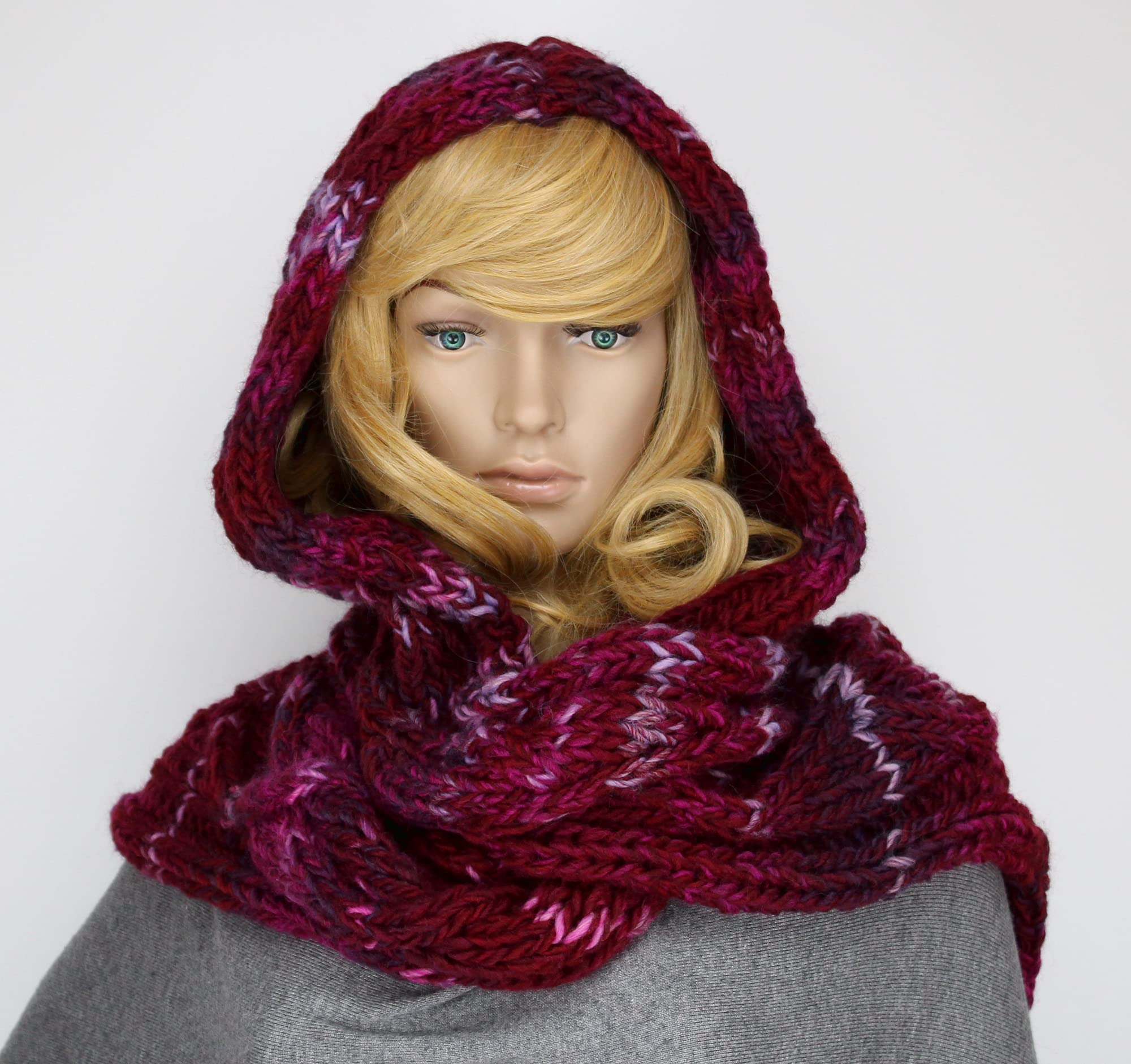 Kapuzenschal exklusiv 4 Farben mit Kunst-fell-bommel handgestrickt Farbwahl Schal XXL Mützenschal (bordeaux weinrot meliert)