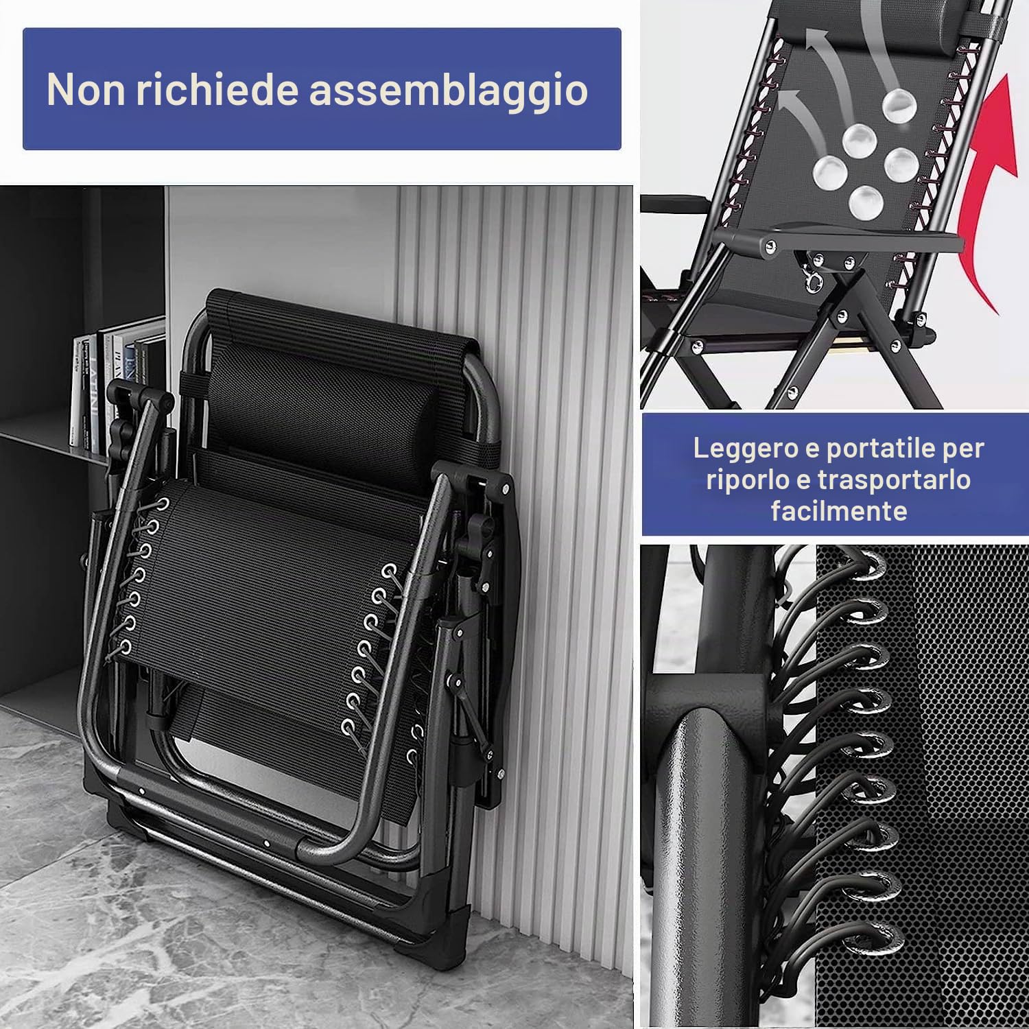 Sedia a Sdraio Pieghevole da Giardino, Nessuna Installazione, con Supporto per Bevande, Sdraio Relax con Cuscino, Traspirante, per Patio, Giardino, Sedie da Campeggio (Nero, 72cm)