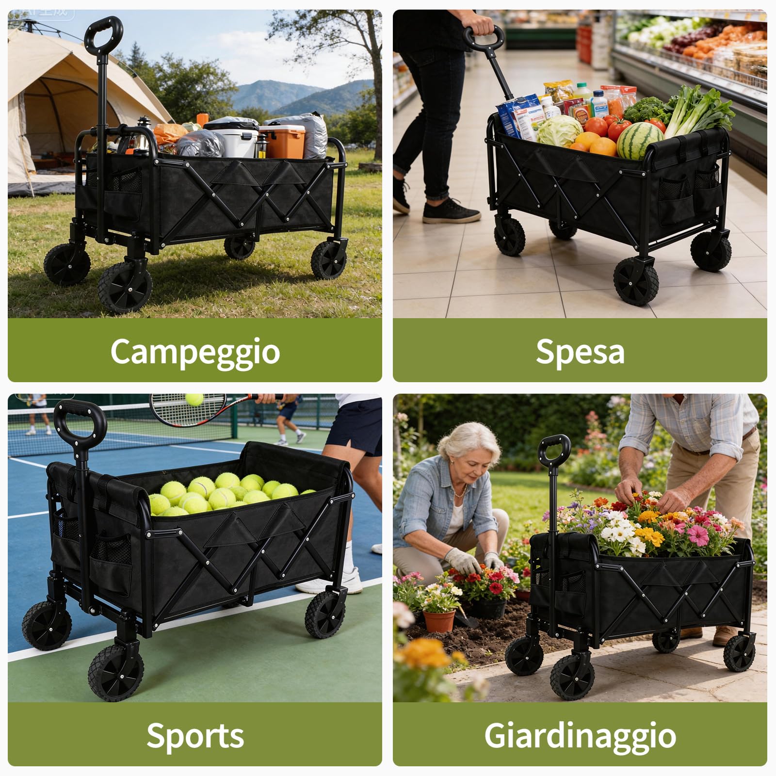 Carrello pieghevole è dotato di grandi ruote staccabili e di una maniglia regolabile, Capacità di carico massima 100kg/210 kg，Adatto per campeggio, giardini e shopping