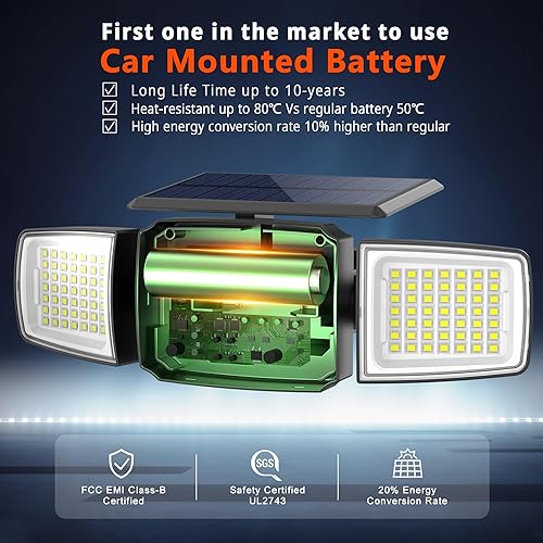Miniatura 3 de Luz solar de seguridad para exteriores LED súper brillante con control remoto, luz de inundación con sensor de movimiento de radar, 3 cabezales gran