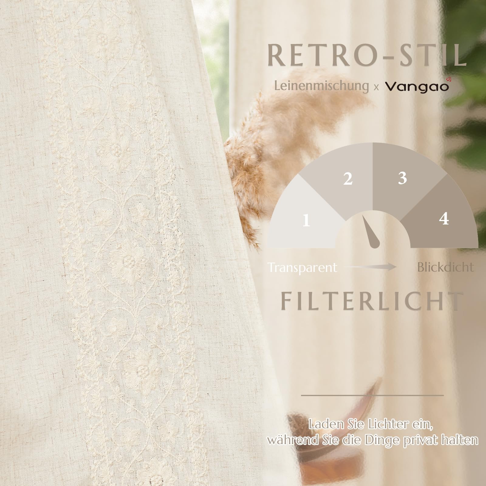Vangao Leinenoptik Gardinen 140B x 145Hcm 2er Set Boho Stickerei Beige | Blumen Muster Vintage Vorhänge Kurz mit Verdeckten Schlaufen, Lichtdurchlässig, Wohnzimmer Schlafzimmer Küche Fenster Natur