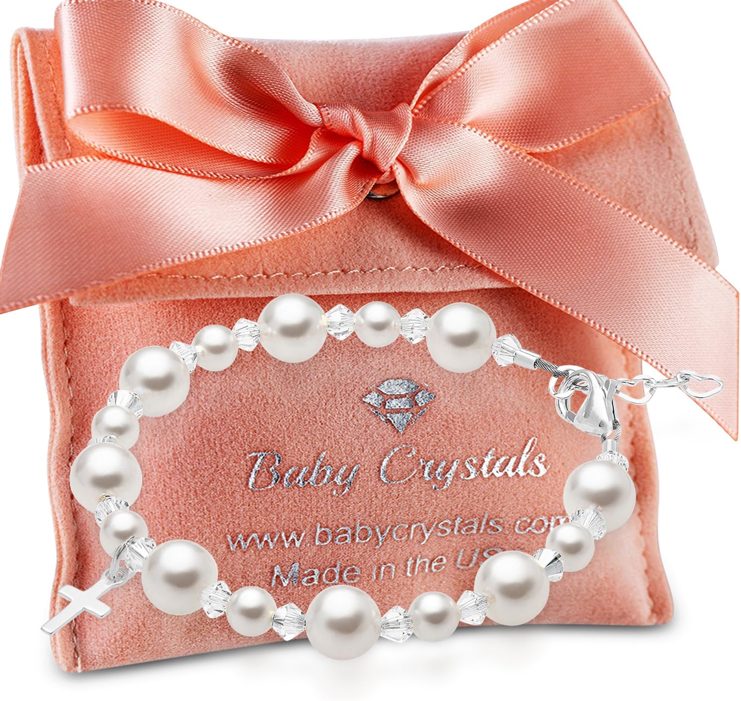 Pearl Bracelets for Girls, Sterling Silver Cross Charm, Baptism Gifts for Girl, Girls Bracelet with European Crystals and simulated White Pearls, Girls Jewelry Birthday Gift, pearl,
