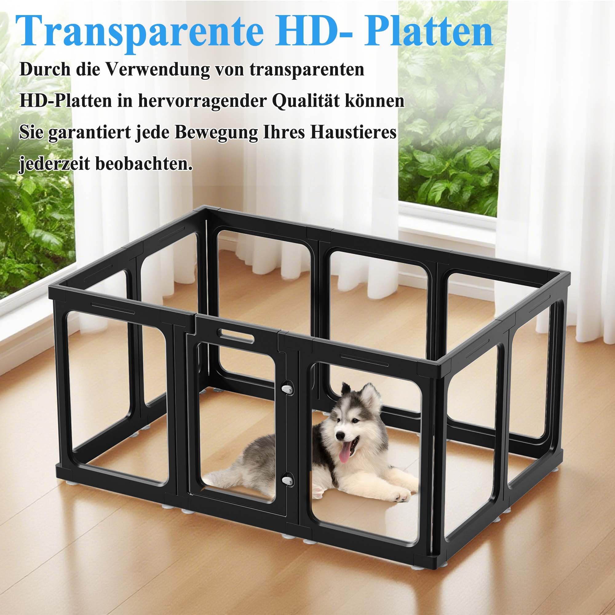 60cm/75cm Klarer Acrylplastik Welpenlaufstall, Transparenter Hundelaufstall mit Tür, Leicht reinigen, Welpenauslauf für Wohnung (Schwarz, 60cm Höhe, 9+1 (10 Stück))