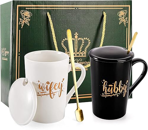 Miniatura 3 de Peohud Paquete de 2 tazas de café para parejas de 14 onzas, regalos de boda para pareja, novia y novio, juego de tazas de porcelana para esposa y