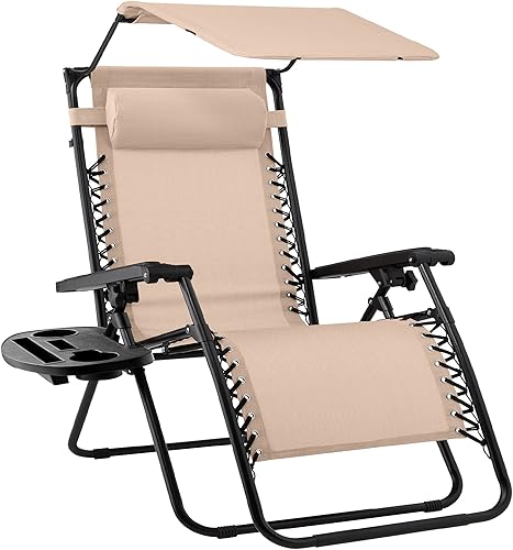 Best Choice Products - Silla reclinable plegable de gravedad cero, para exteriores y patio, con toldo ajustable, reposacabezas y bandeja lateral