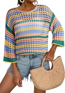 Dokotoo Womens Summer Fall 3/4 Sleeve Crochet Sweater Hollow Out Color Block Striped Tops Casual Beach Vacation Cover Ups
