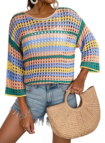 Dokotoo Womens Spring Summer 3/4 Sleeve Crochet Sweater Hollow Out