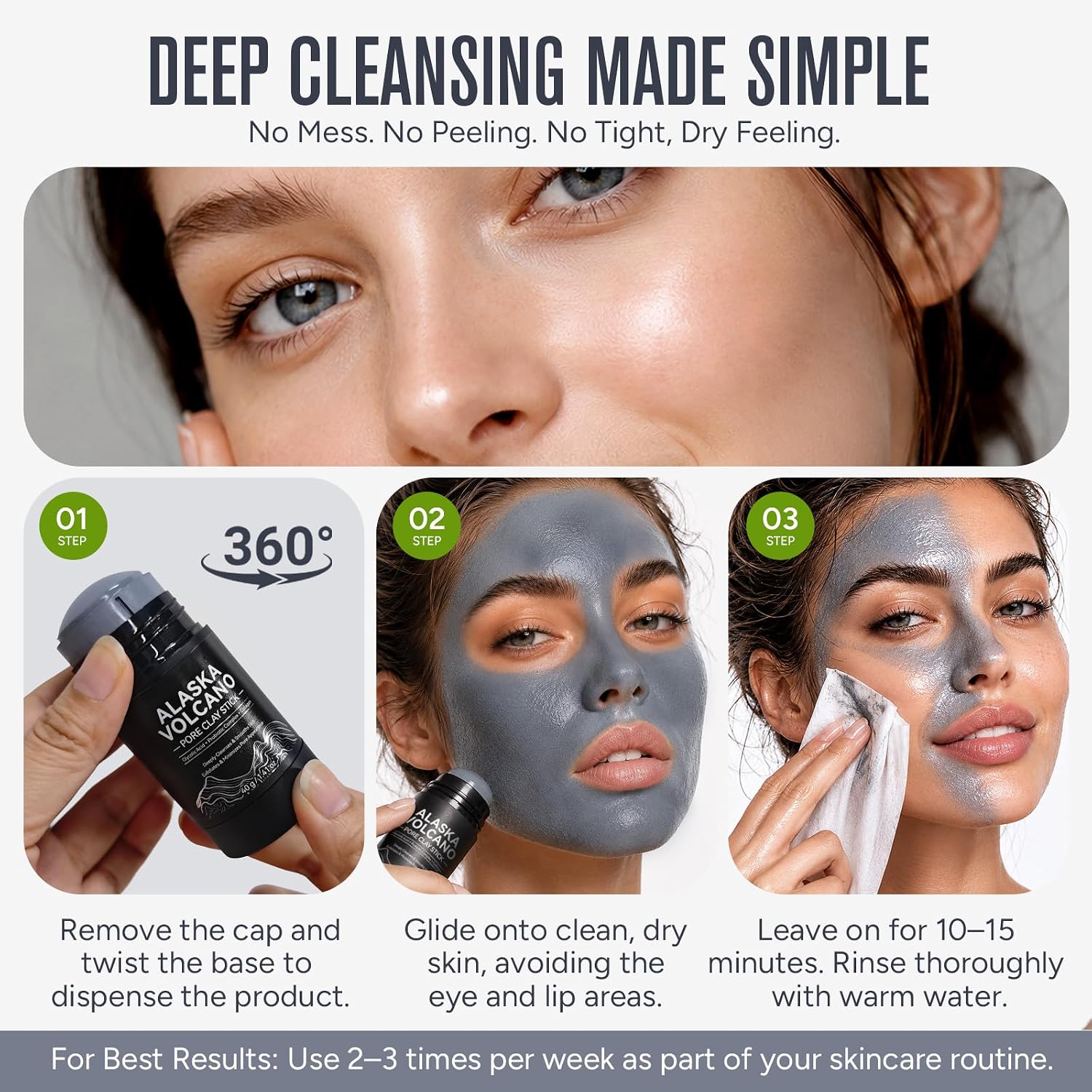 2 PCS Alaska Volcano Clay Mask Stick for Pore Deep Cleansing Blackhead Remover & Excess Oil Control Facial Mask Gentle Exfoliating Mud Mask for Smooth Skin 1.41 oz