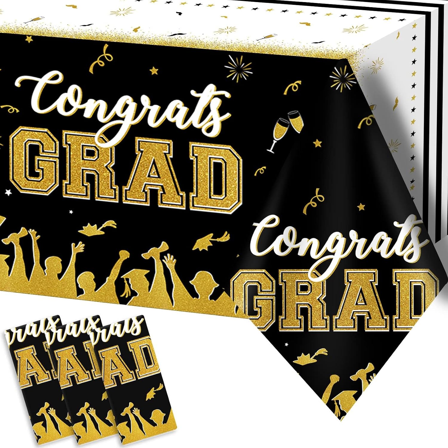 chiazllta Set of 3 Graduation Tablecloths Class of 2026 Congrats Grad Black Graduation Party Tablecover Decorations Party Supplies Large Size Plastic 54"x108"(Black & Gold)