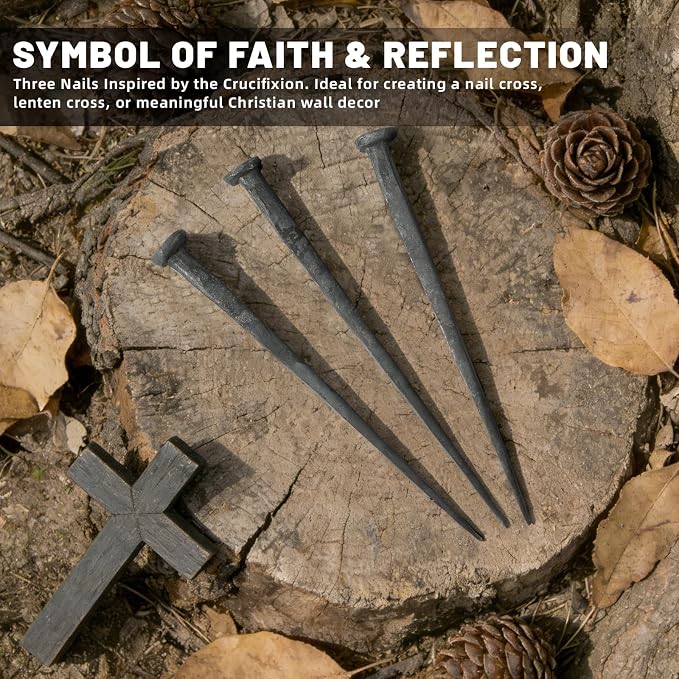 3 clavos de hierro forjados a mano, clavos rústicos para cruz de crucifixión | Símbolos cristianos de hierro para decoración de cruz de Jesús, decoración mural eclesiástica, decoraciones para Cuaresma, Pascua y regalos de fe miniatura 4