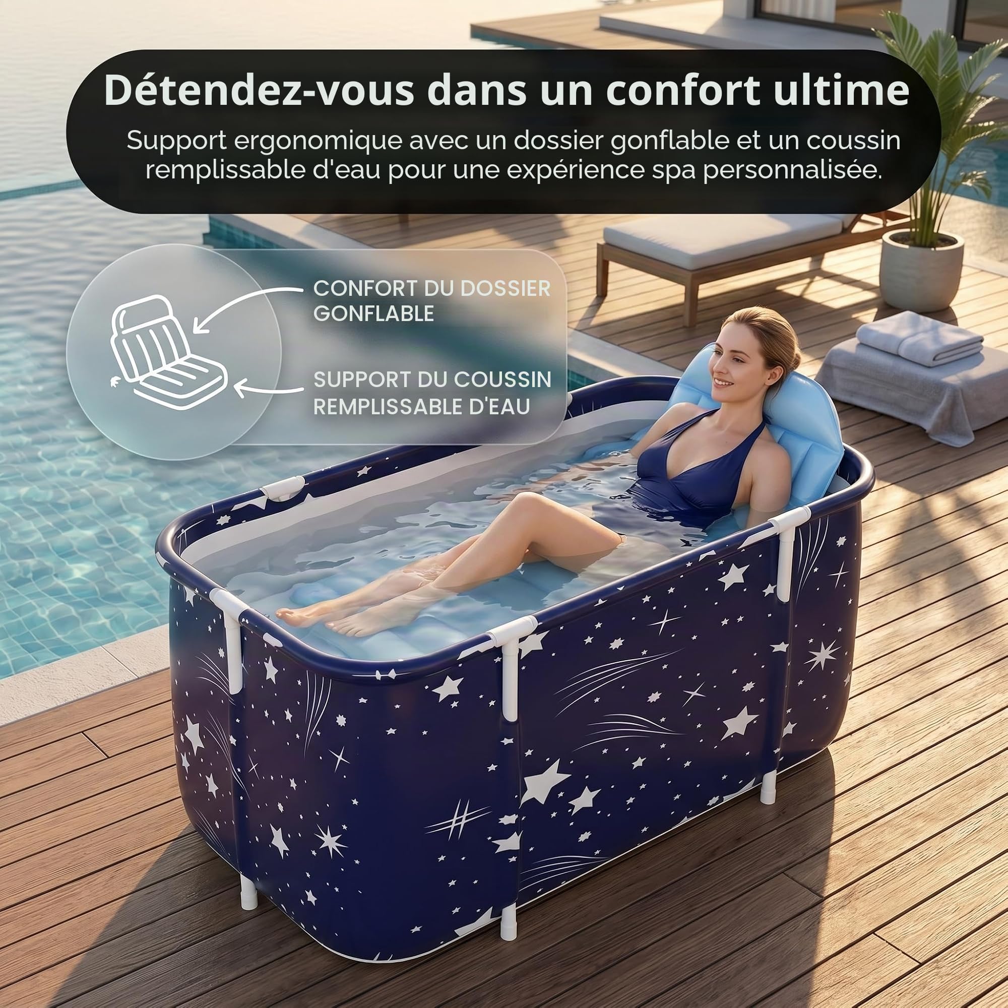 Baignoire Pliable Adulte, 120x55x50cm Portable Grande Baignoire de Trempage pour Bain Chaud, Bain Glacé, Spa, Seau de Bain Épais, pour Deux Personnes avec Dossier, Coussin et Pompe