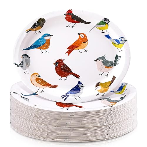 50 Pcs Playful Birds Oval Paper Plates Spring Summer Large