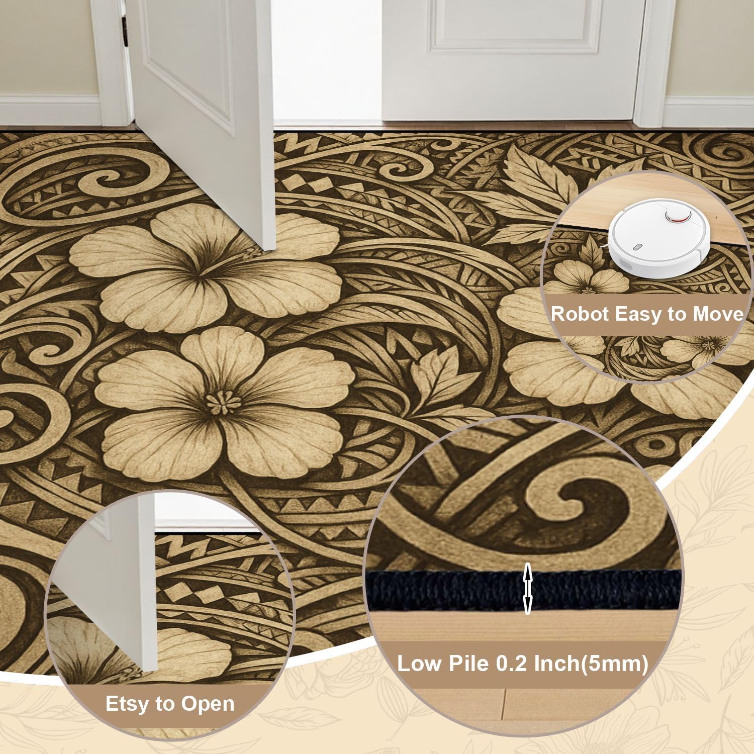8x10 Area Rugs for Bedroom Boho Washable Rug for Living Room Polynesian Ethnic Motives Floral Elements Carpet for Dining Room Bedroom Non-Slip Carpets