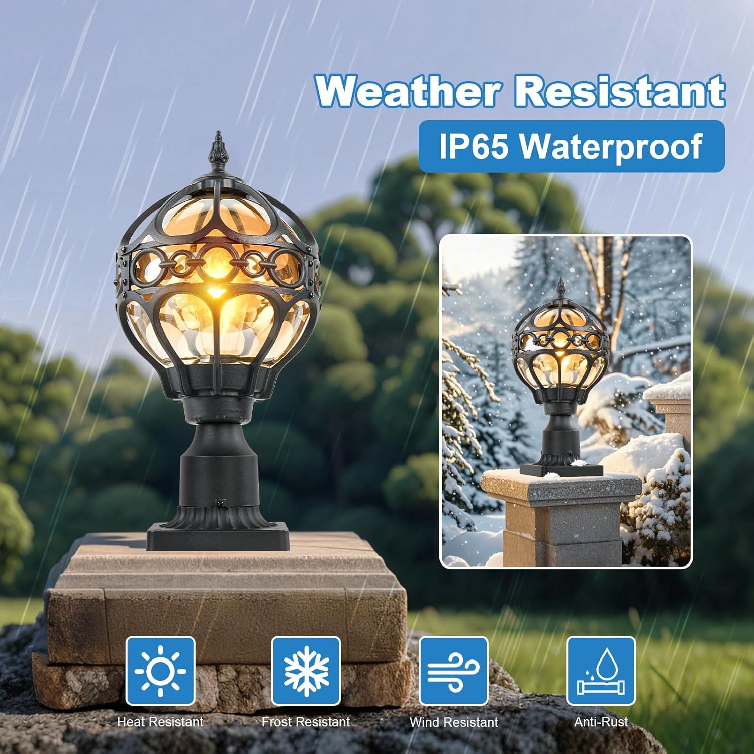 Outdoor Lamp Post Lights, Aluminum Rust-Proof Globe Post Light for Porch Front Door Driveway Lawn Garden, Black Sphere Exterior Pillar Post Light, Hardwired 3" Pier Mount Post Lantern