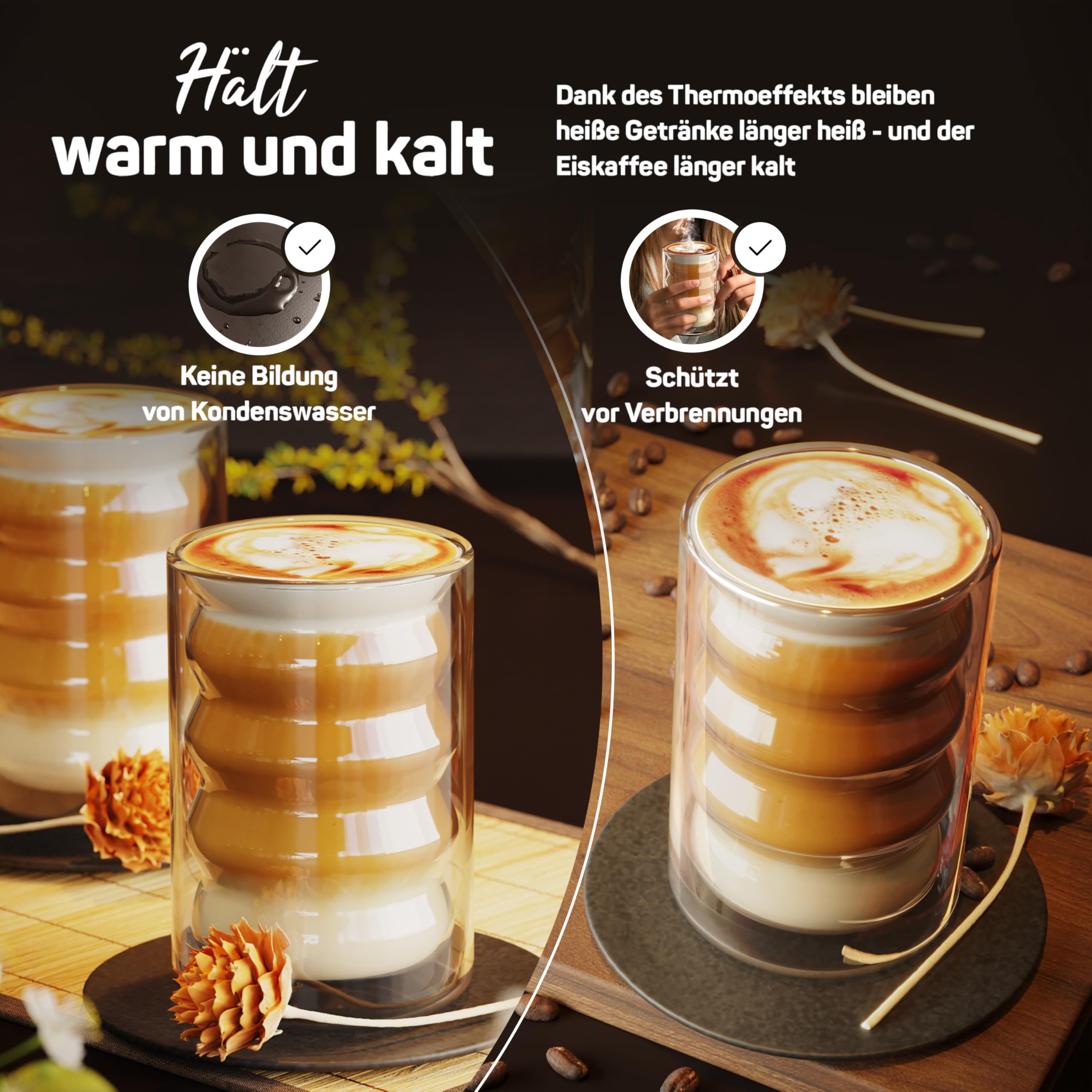 ElbFuchs Latte Macchiato Bubble-Gläser Set [10×400 ml] Doppelwandige Thermogläser, kristallklar mit Löffeln | Cappuccino-Gläser, Kaffeegläser & Teegläser