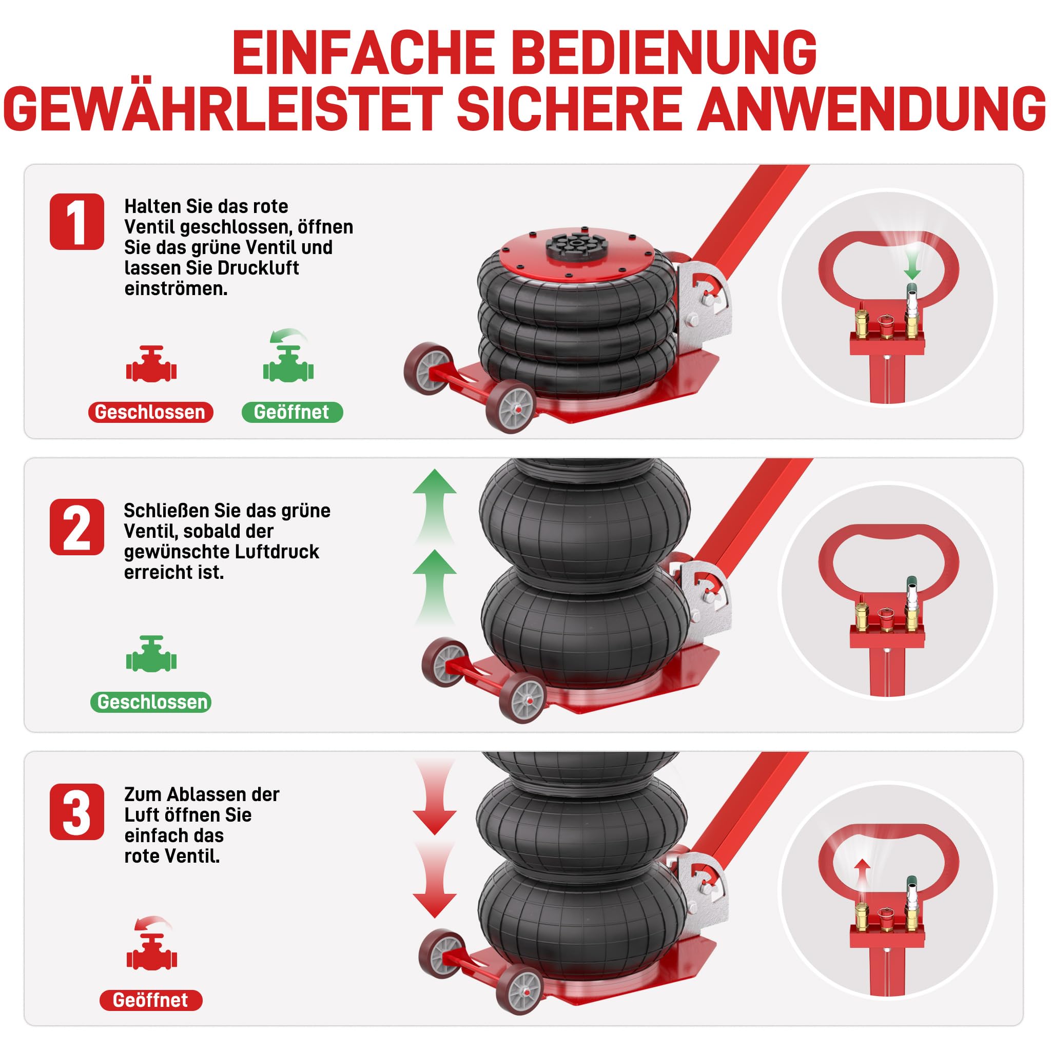 XMTECH 3T pneumatyczny podnośnik samochodowy, 3 pierścienie, obrotowy podnośnik do samochodów rodzinnych, samochodów osobowych, czerwony