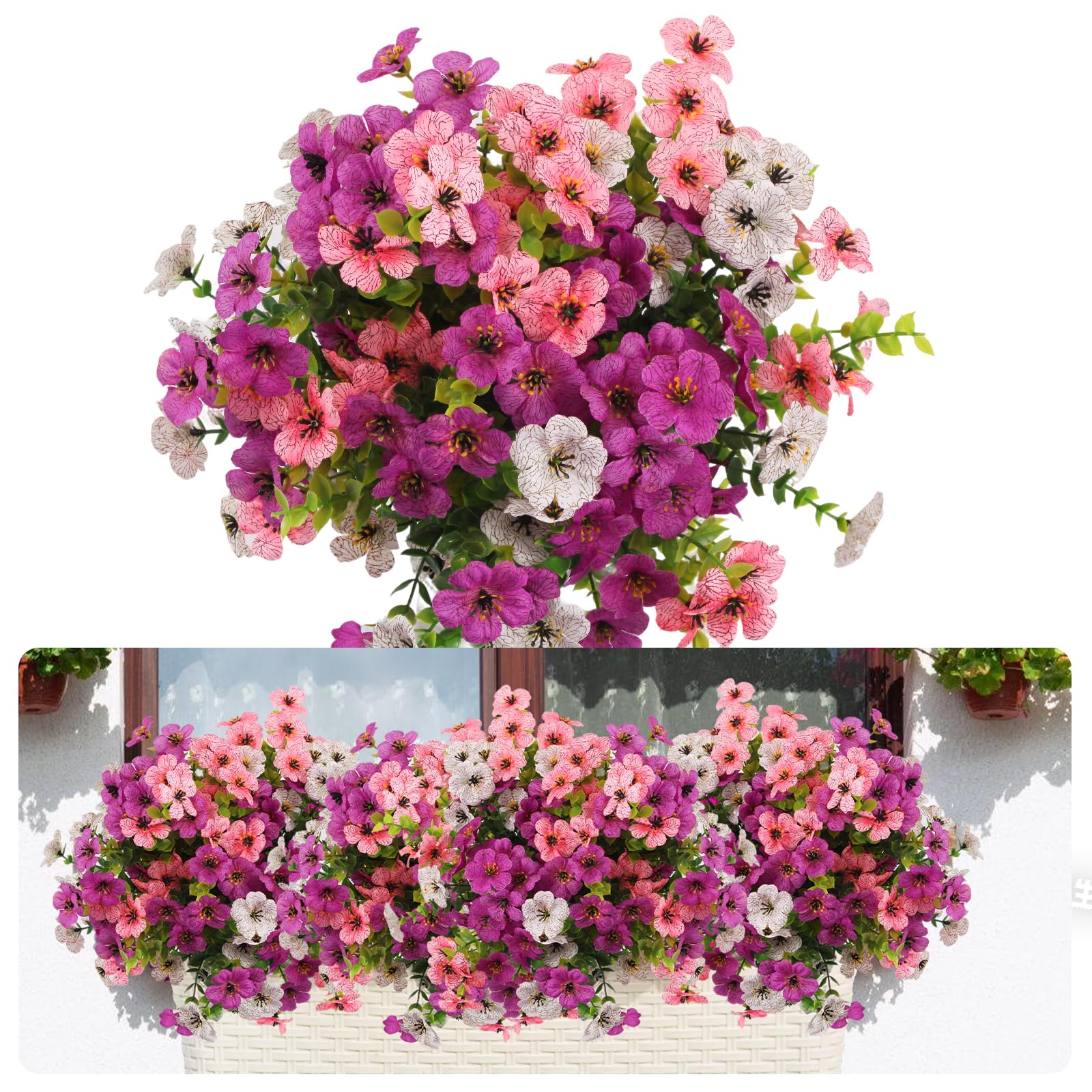 7 paquetes de flores artificiales resistentes al aire libre, flores falsas que no se decoloran, plantas artificiales para jardín, porche, ventana, decoración