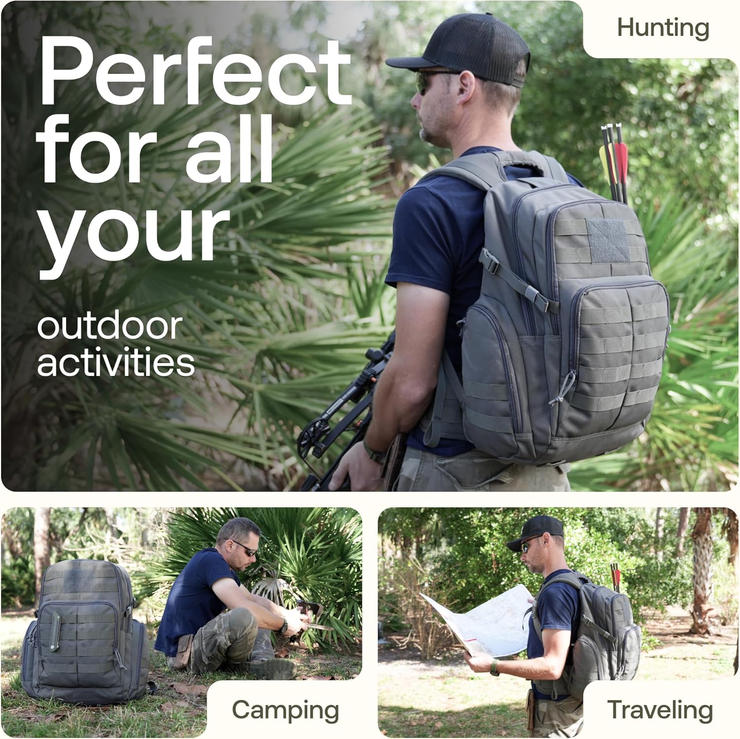 RIVER ROAD Huntex 40L Tactical Backpack for Men and Women in Gray - Military Style for Hunting, Hiking & Travel Combat Backpack - Outdoor Tactical Backpacks & Sport Mochila Tactica