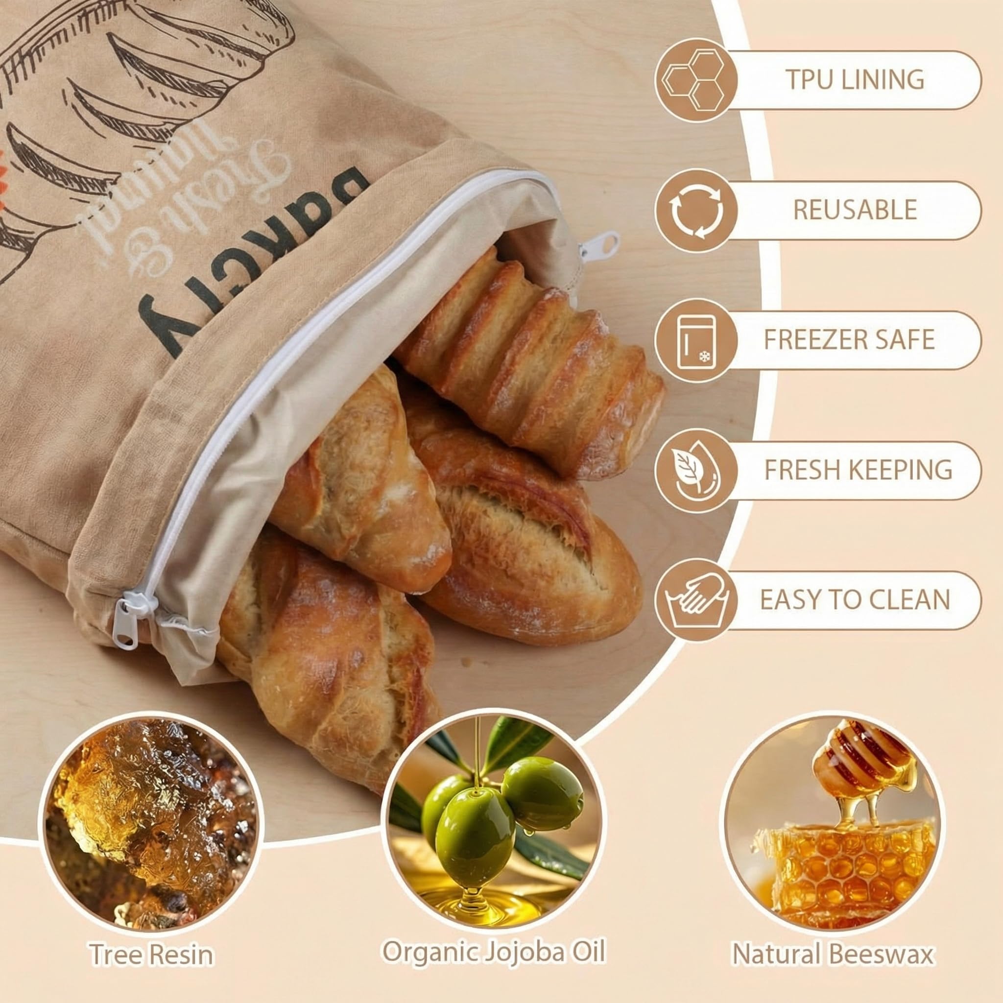 Tigeen Bienenwachs-Brotbeutel für Sauerteig und hausgemachtes Brot, 43,2 x 33 cm, XL, wiederverwendbar, Bio-Leinen, Bienenwachs-Wraps mit Reißverschluss für frische Lebensmittel, Aufbewahrung von Brot