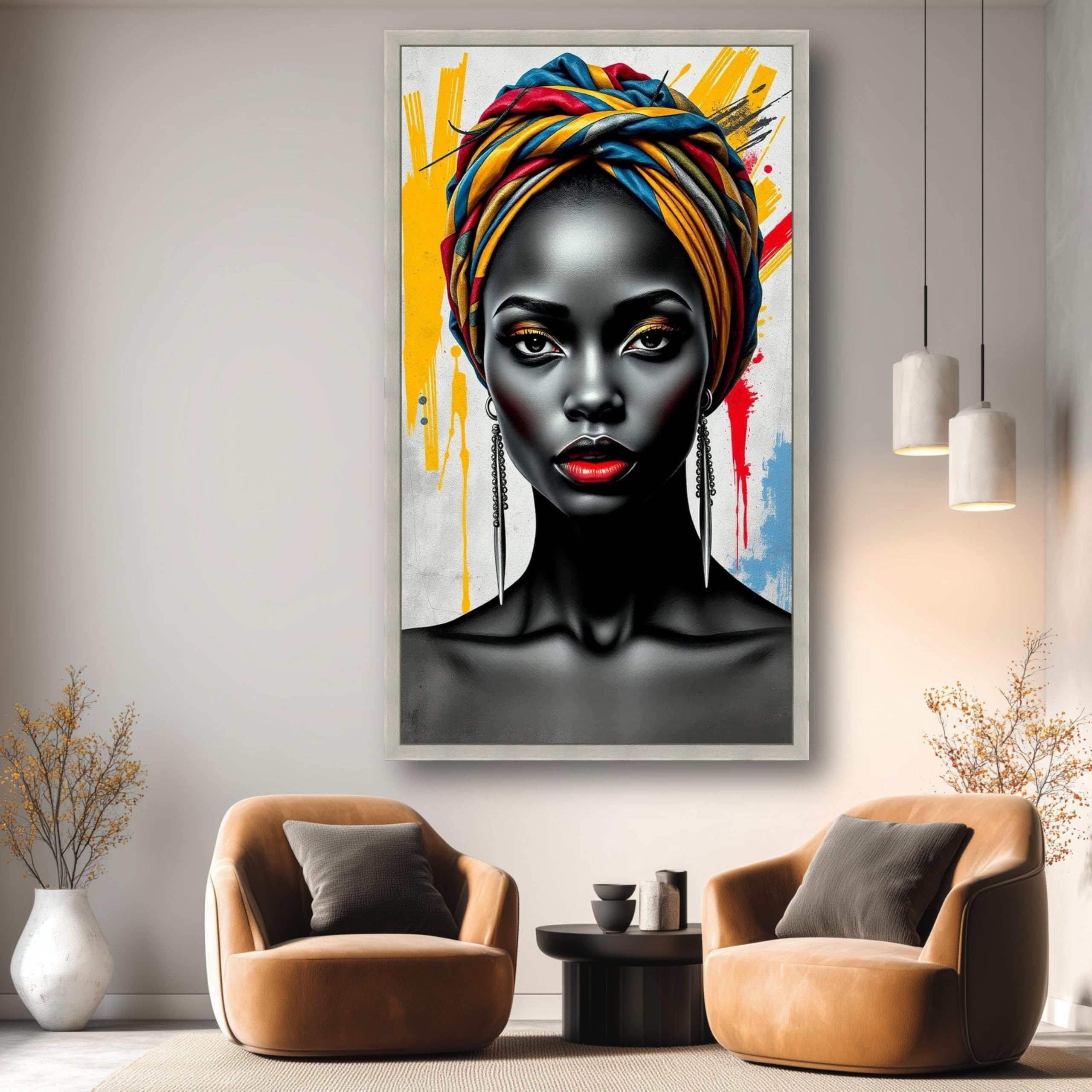 CAOXTART African Woman Portrait Canvas Artwork, Black Beauty Art Print, Colorful Headwrap Wall Art, Female Figure Painting Decor(65x120cm/Frameless)