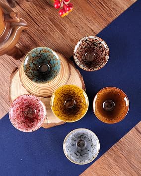 WHJY Ceramic, Japanese Sake Cups, Traditional Chinese Kung Fu Tea cups set Kiln Change Glazed. set of 6, 60ml/2oz