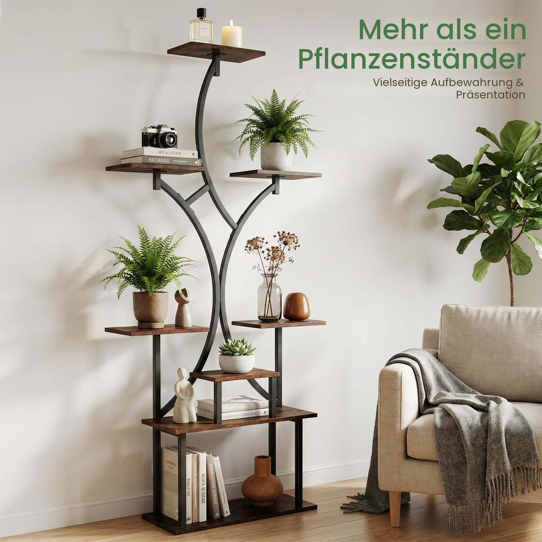 VAYALT Pflanzenständer, 162cm Hoch mit 8 Ebenen Blumenregal aus Holz & Metall, Pflanzenständer Mehrere, Indoor & Outdoor Pflanzenregal, Dekoratives Pflanzenregal für Balkon, Garten und Wohnzimmer