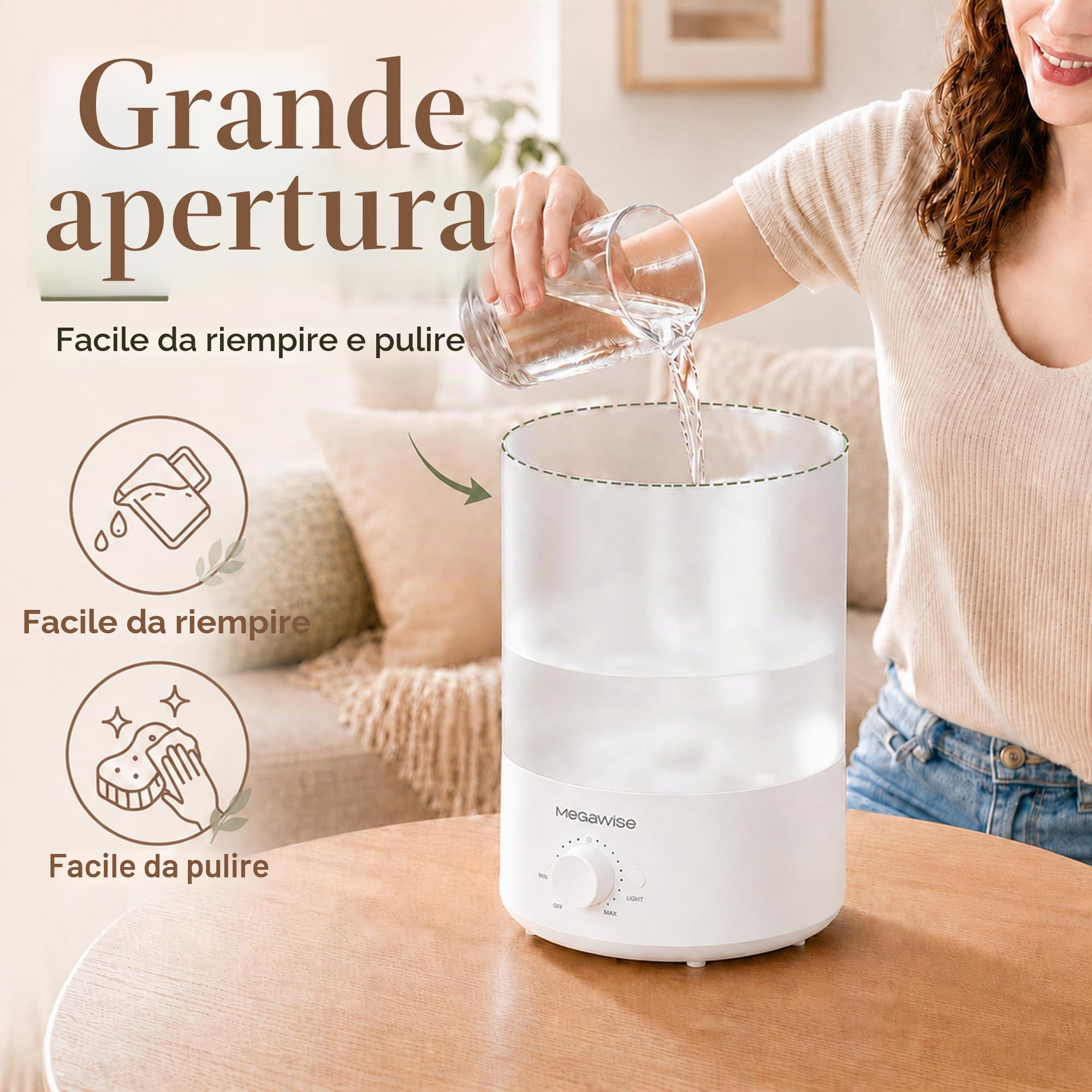 MEGAWISE 3.5L - Umidificatore a nebbia fredda con ricarica superiore, grande capacità, facile sicuro e comodo per la tua casa