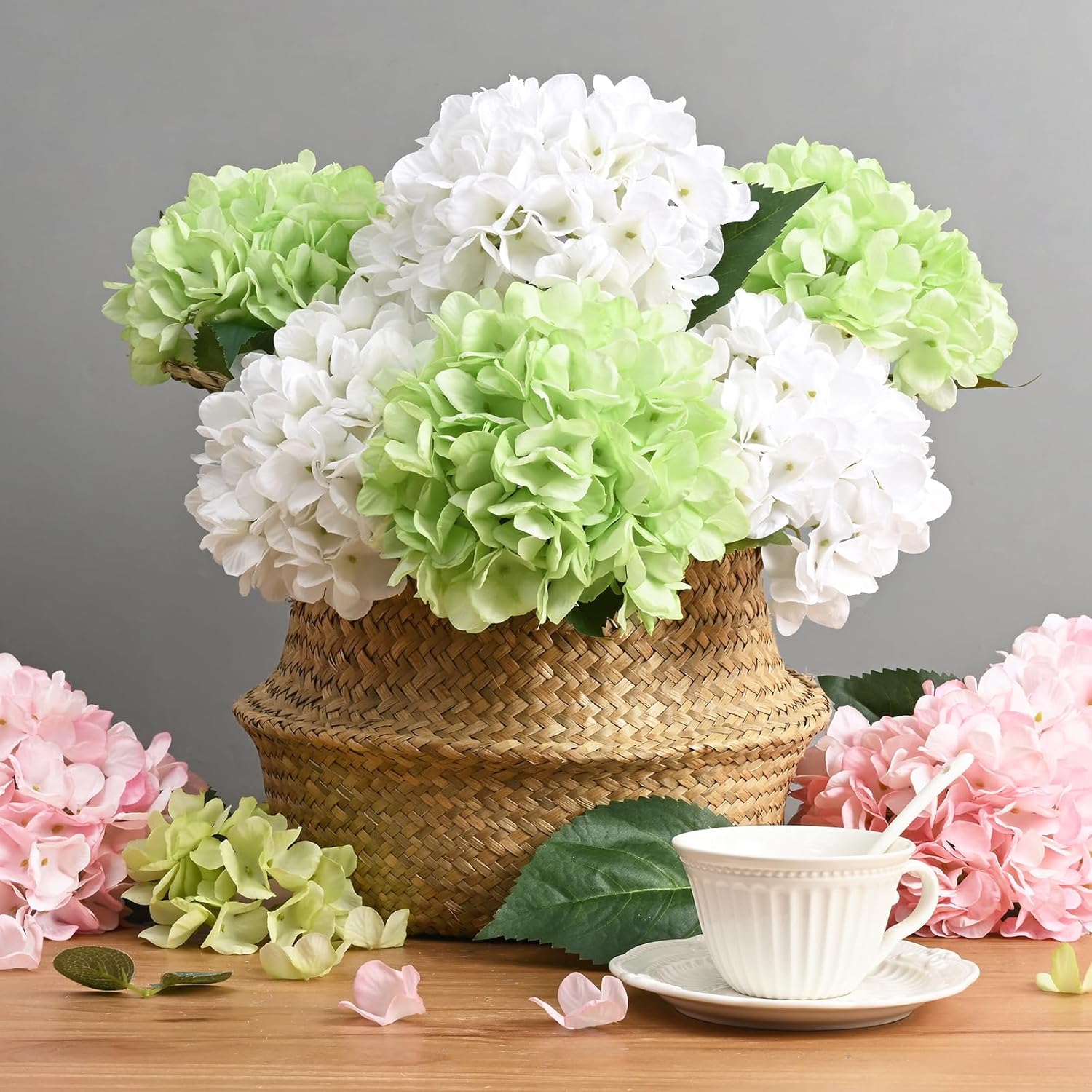 BLEUM CADE 8 Pcs Hydrangea Artificial Flowers with Realistic Stems, 18In Large Fake Flowers, Faux Flower for Home Party Decor Outdoor Wedding Bouquets Table Centerpieces Decoration,White Green